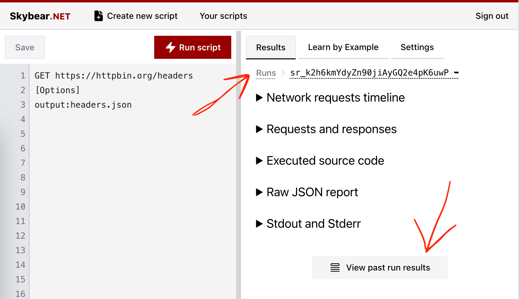 Skybear.net View past script run results actions